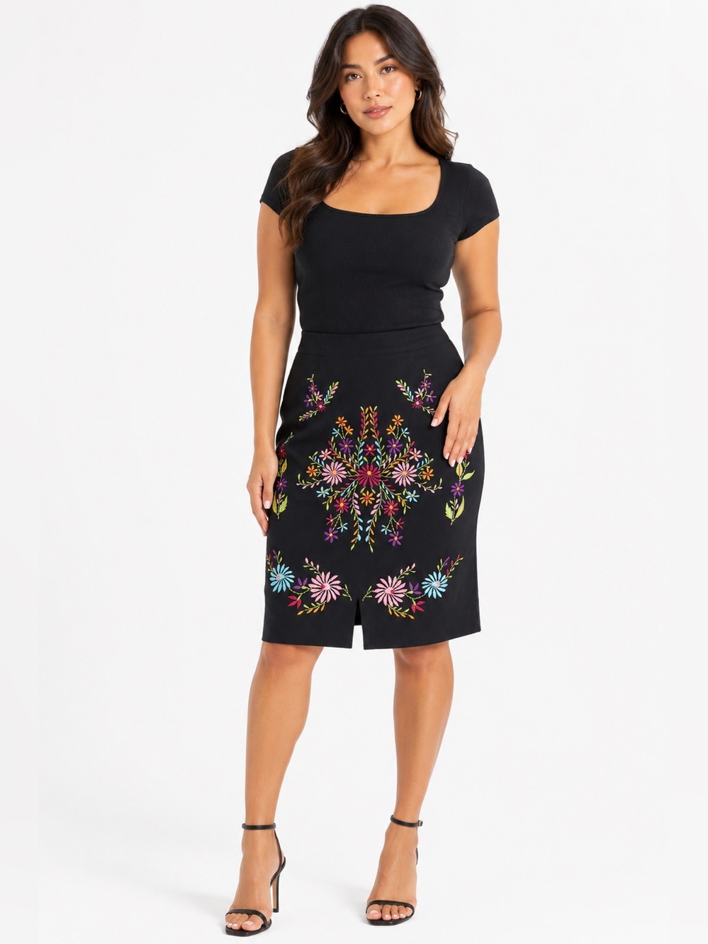 Y2K Karen Kane Bold Embroidered Floral Pencil Skirt (Black/Multi) Size 6